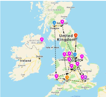 So having made the map of England look particularly chaotic, we now leave the shores for a while and first port of call will be in Northern Ireland - coming shortly! #AdvanceHEtorchrelay