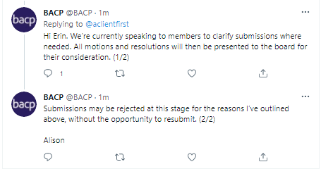 BuddingTherapy's tweet photo. Of course, the BACP are going to do the exact same as last year - if the board don't like a motion or resolution, they simply won't give people the opportunity to resubmit. 🤦‍♀️

But they've been listening to members... 😡

Well done @aclientfirst on getting some sort of answer. https://t.co/EFDj9MI8oj