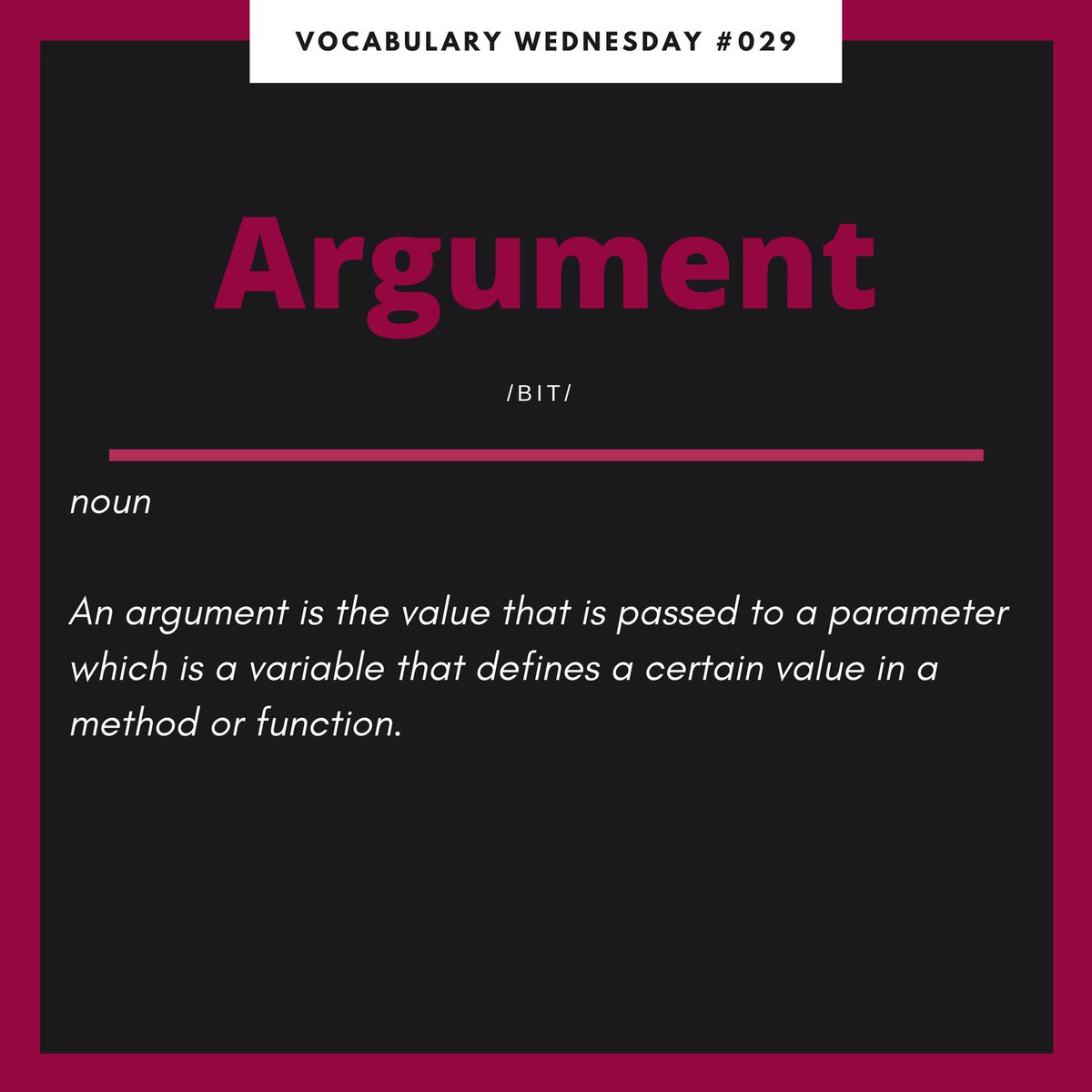 CoderdojoClark's tweet image. Today’s word is Argument!
#computerscience #coderdojo #code #technology #HTML #CSS #Javascript #js #programming #computers #computerprogramming #cs #tech #Python #codingforkids #kidsintech #STEM #STEMforKids #coding #Attributes #analogy #OOP