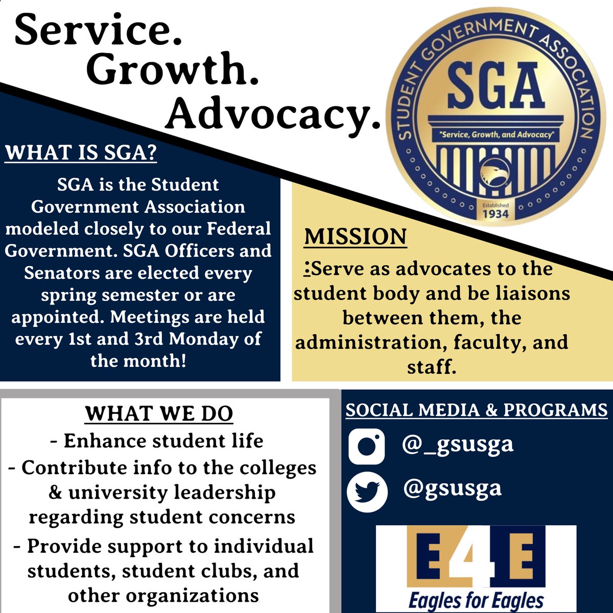 Hey EAGLE NATION! We want YOU to join our team! Do you want to make change on campus? Do you want to be apart of something bigger than yourself? Fill out an interest form to become a SGA Senator today!