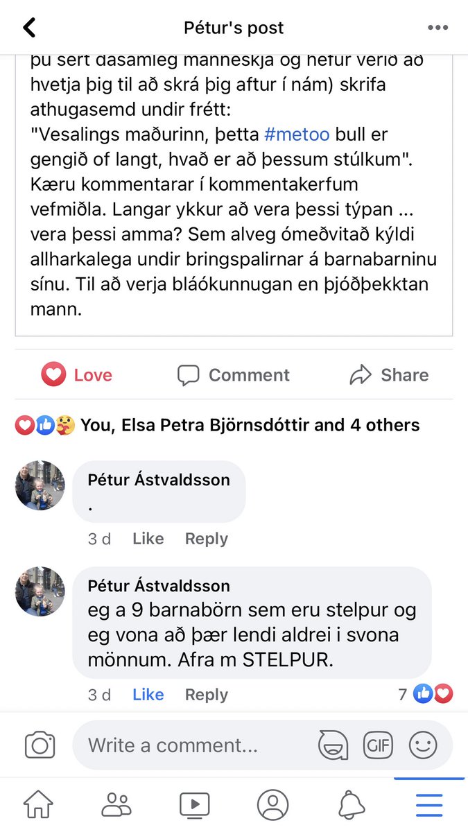 Pabbi minn, straight 64 ára hvítur karlmaður.
Uppeldi, aldur eða kyn (etc) á ekki að skipta neinu andskotans máli, það er ekki flókið sem fullorðnir einstaklingar að sjá og standa með því sem er rétt. Þessi gerendameðvirkni og stuðningur við ofbeldismenn er svo fkn galið dæmi!!!!