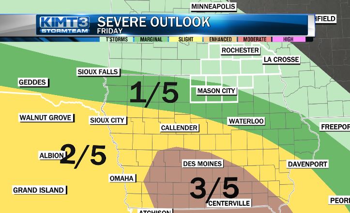 Marginal risk for severe weather in North Iowa FRIDAY. Much more significant enhanced risk in southern Iowa. Storms will be more common in Iowa, but there's likely still a few over the border in S. Minnesota. #MNWX #IAWX https://t.co/PGpMHd9WDD
