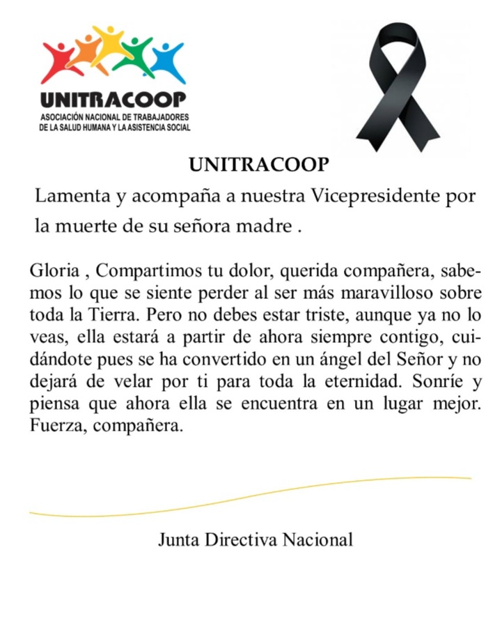 UNITRACOOP : Lamenta el fallecimiento de la madre de nuestra Vicepresidente .