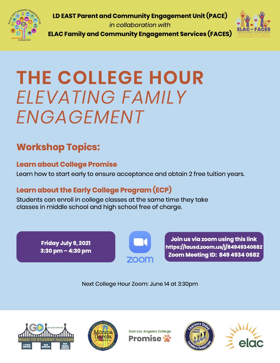 Join us for #CollegeHour with @Elsa73038443 @lausdLDE PACE Team and <a href="/EastLACollege/">East Los Angeles College</a> FACES! Friday at 3:30PM!

lausd.zoom.us/j/84949340682 
Zoom Meeting ID: 849 4934 0682