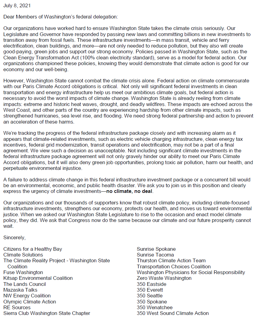 23 WA organizations from across the state have signed a joint letter to our congressional delegation insisting that substantial climate-related investments must be included in a federal infrastructure agreement. #NoClimateNoDeal <a href="/PattyMurray/">Senator Patty Murray</a> <a href="/SenatorCantwell/">Sen. Maria Cantwell</a> <a href="/climatesolution/">Climate Solutions | on bsky</a>