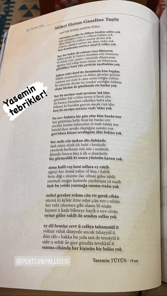 Bir lise öğrencisinin aruz vezni şiiri. Ne demeli ki? Bu muhteşemliğe önayak olduğun için tebrikler <a href="/pertevniyal/">Pertevniyal Lisesi</a> lisesi! 👏