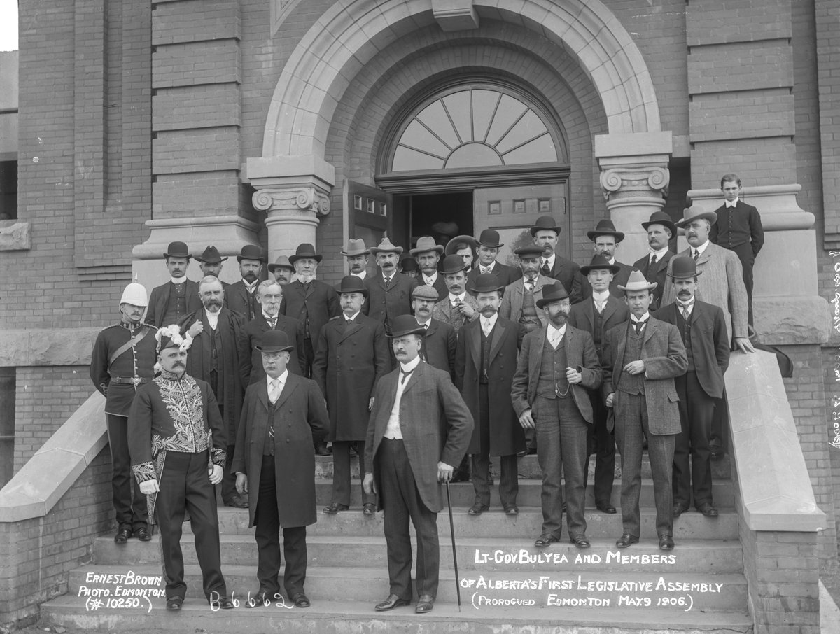 ProvArchivesAB's tweet image. Portrait of the first Legislative Assembly for Alberta, with Hon. G. H. V. Bulyea, Lieutenant Governor, Hon. A. C. Rutherford - Premier, and Hon. W. H. Cushing - Minister of Public Works in the front row, 1906 (A3573). #ableg