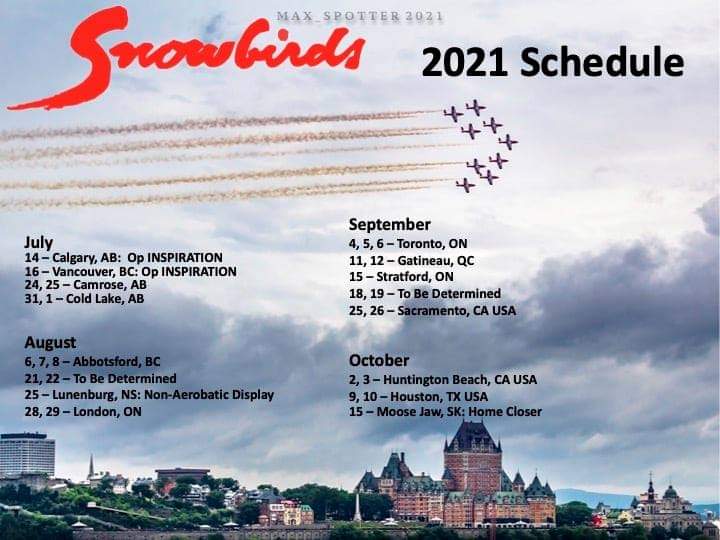 CFSnowbirds's tweet photo. Good morning! Due to COVID-19, our schedule has been a rollercoaster ride🎢. Here is the latest version after a few cancellations! We will aim to conduct additional Fly Pasts as we transit across Canada this summer. As always, it is still subject to change ✈️ https://t.co/G5FZCmAUhg