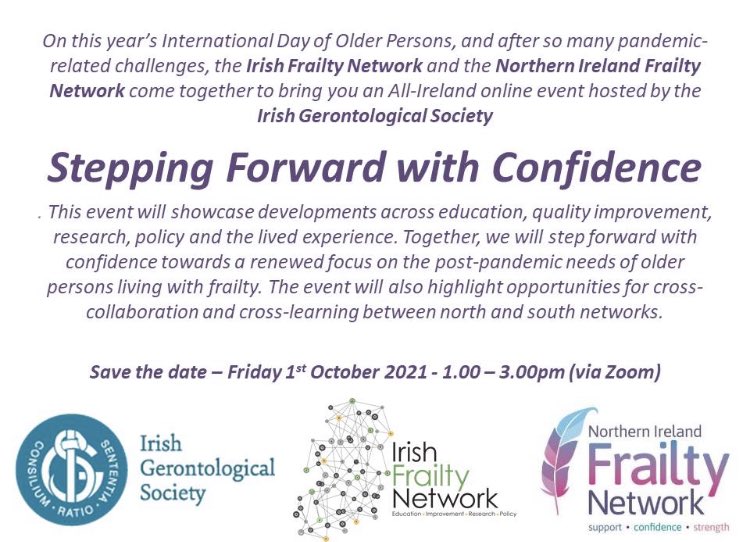 Save the Date and share  this all-Ireland Frailty event.  More details will follow about the programme and how to register 👇