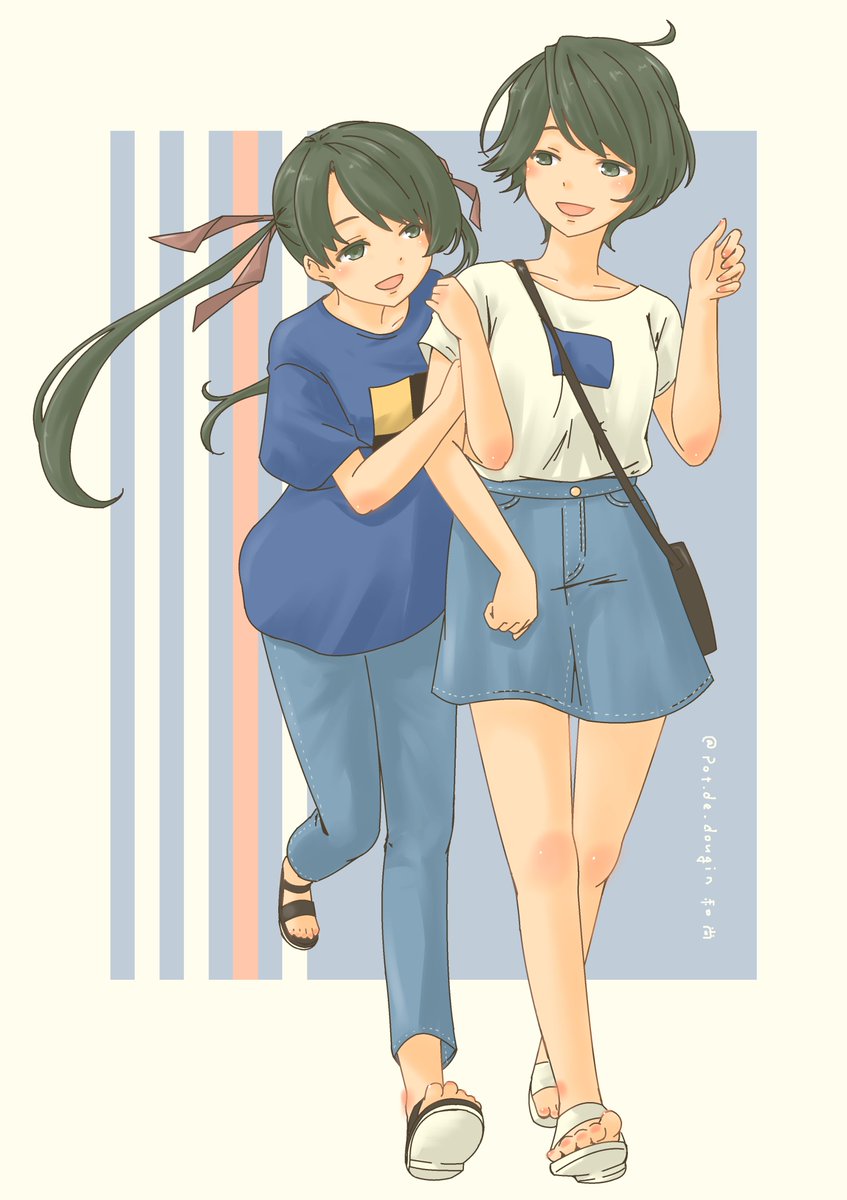 mikuma (kancolle) ,mogami (kancolle) 2girls multiple girls short hair denim twintails long hair shirt  illustration images
