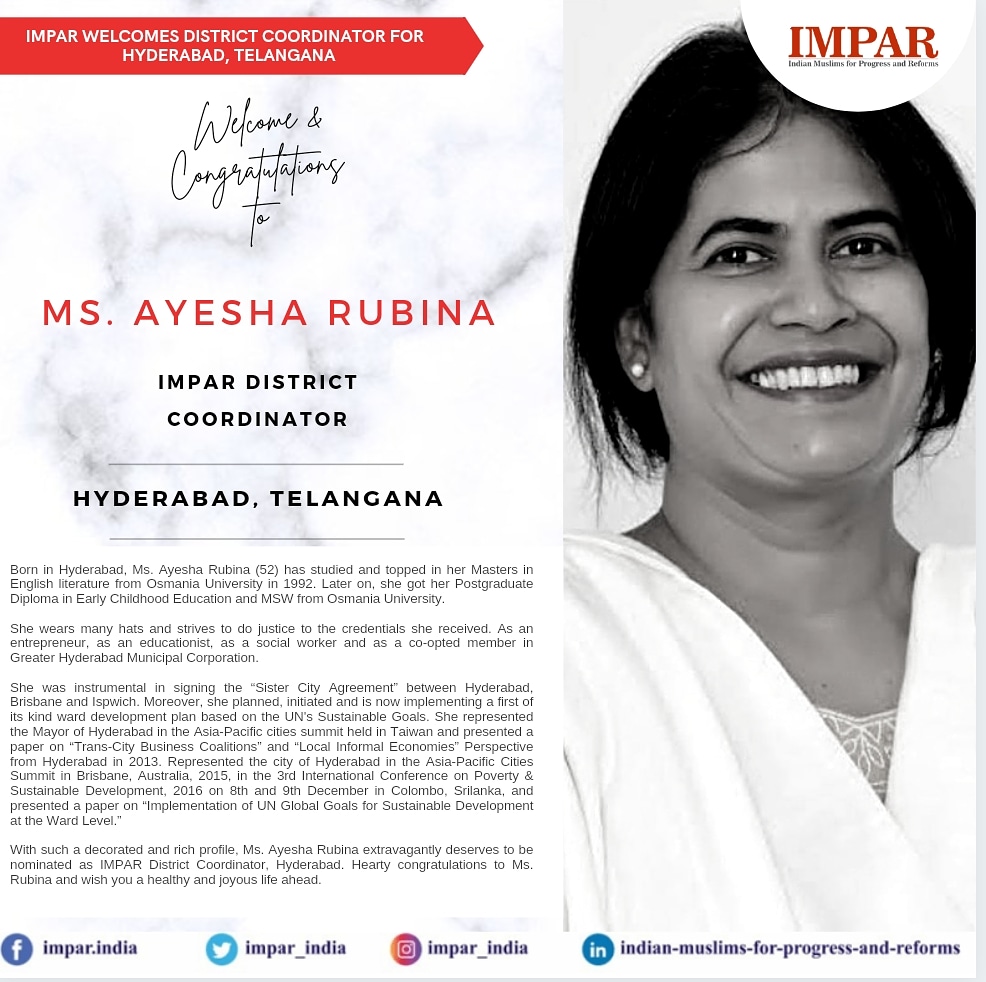 ayesharubinaa's tweet photo. I am pleased to inform you all that I have been appointed as the @impar_india District Coordinator for Hyderabad https://t.co/NQSjVojqEq