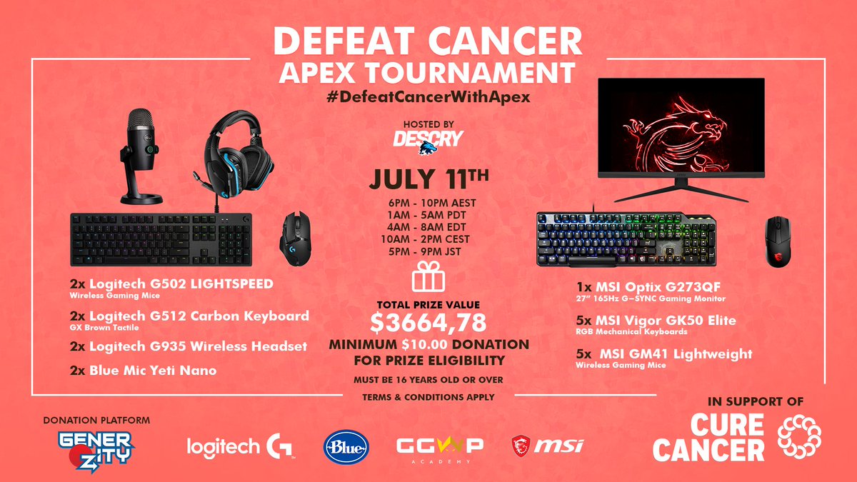 Descry's tweet photo. Defeat Cancer Apex Tournament has many amazing prizes YOU could win thanks to sponsors @LogitechG_ANZ, @AustraliaMSI, @BlueMicrophones

Donate to @CureCancerAu at https://t.co/hgS98gQabF to be eligible!

#DefeatCancerWithApex #ApexLegends #Twitch https://t.co/JPOyIFqMpU