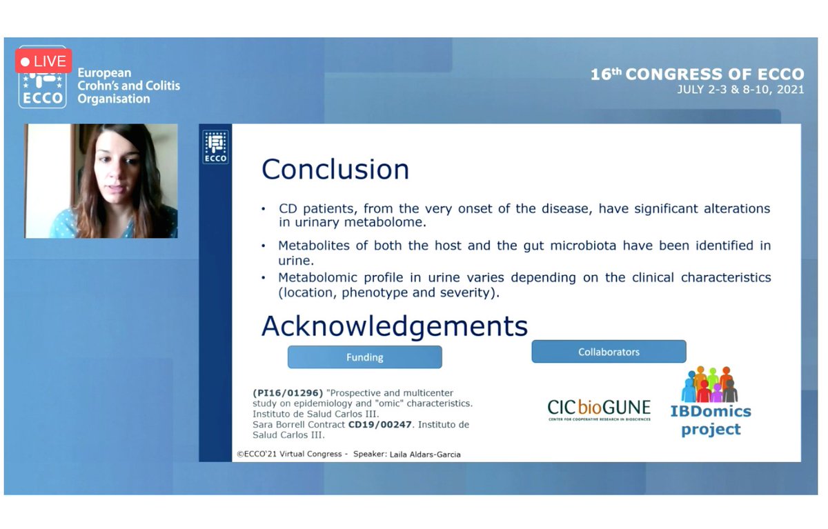 EIILaPrincesa's tweet photo. Laila Aldars-García from @EIILaPrincesa brightly presenting the patterns of urinary metabolome in newly diagnosed treatment-naïve Crohn’s Disease patients: Results from the #IBDomics study" #ECCO2021 #ECCO21 #proudofyou ❤️ https://t.co/aDf3SOndg2