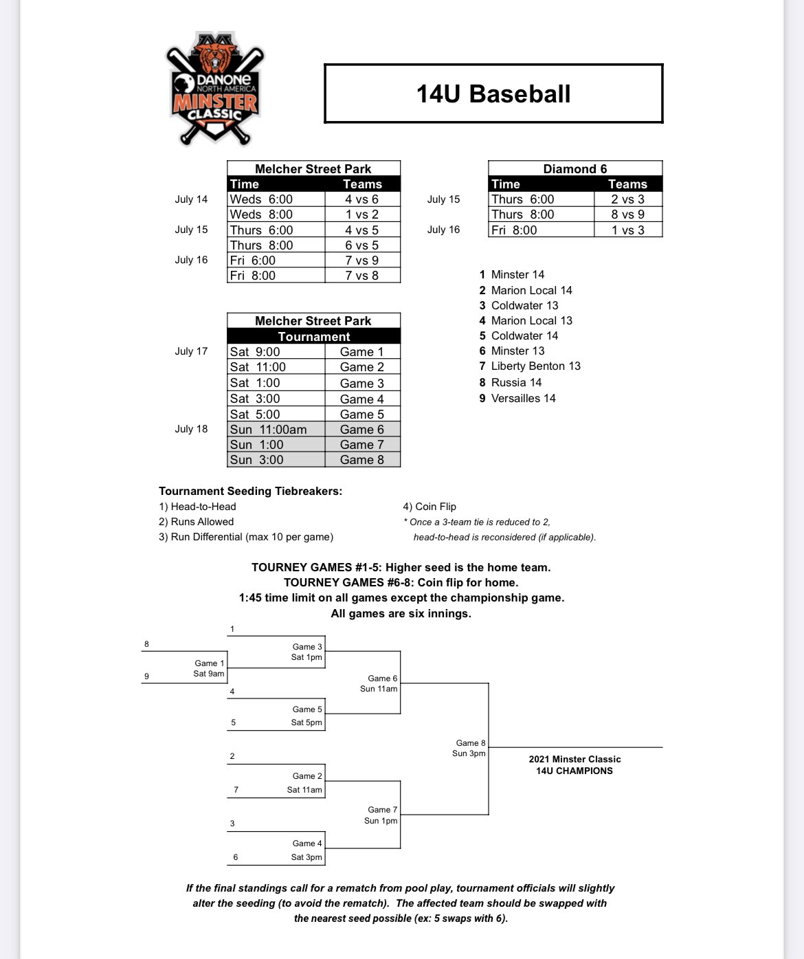 Minster YBSO on Twitter "Here are the pool schedules for all baseball