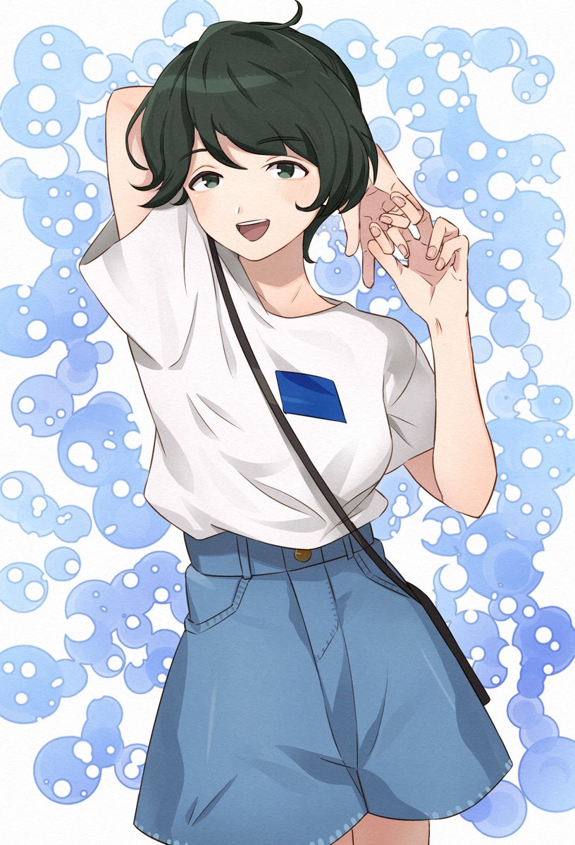 mogami (kancolle) 1girl solo short hair shirt black hair white shirt cowboy shot  illustration images