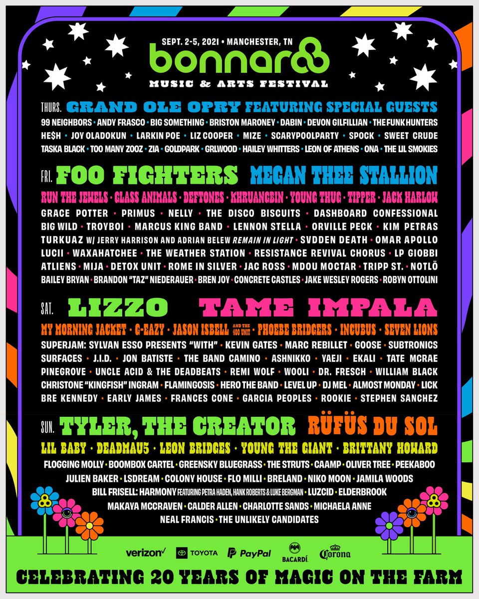 Bonnaroo's tweet image. BONNAROOVIANS! 🌈✨ Unfortunately Lana Del Rey, Janelle Monáe and King Gizzard &amp;amp; The Lizard Wizard will no longer be able to join us on The Farm this fall.

And now for the good news: Khruangbin and RÜFÜS DU SOL have been added and are ready to bring the good vibes to Centeroo.🙌