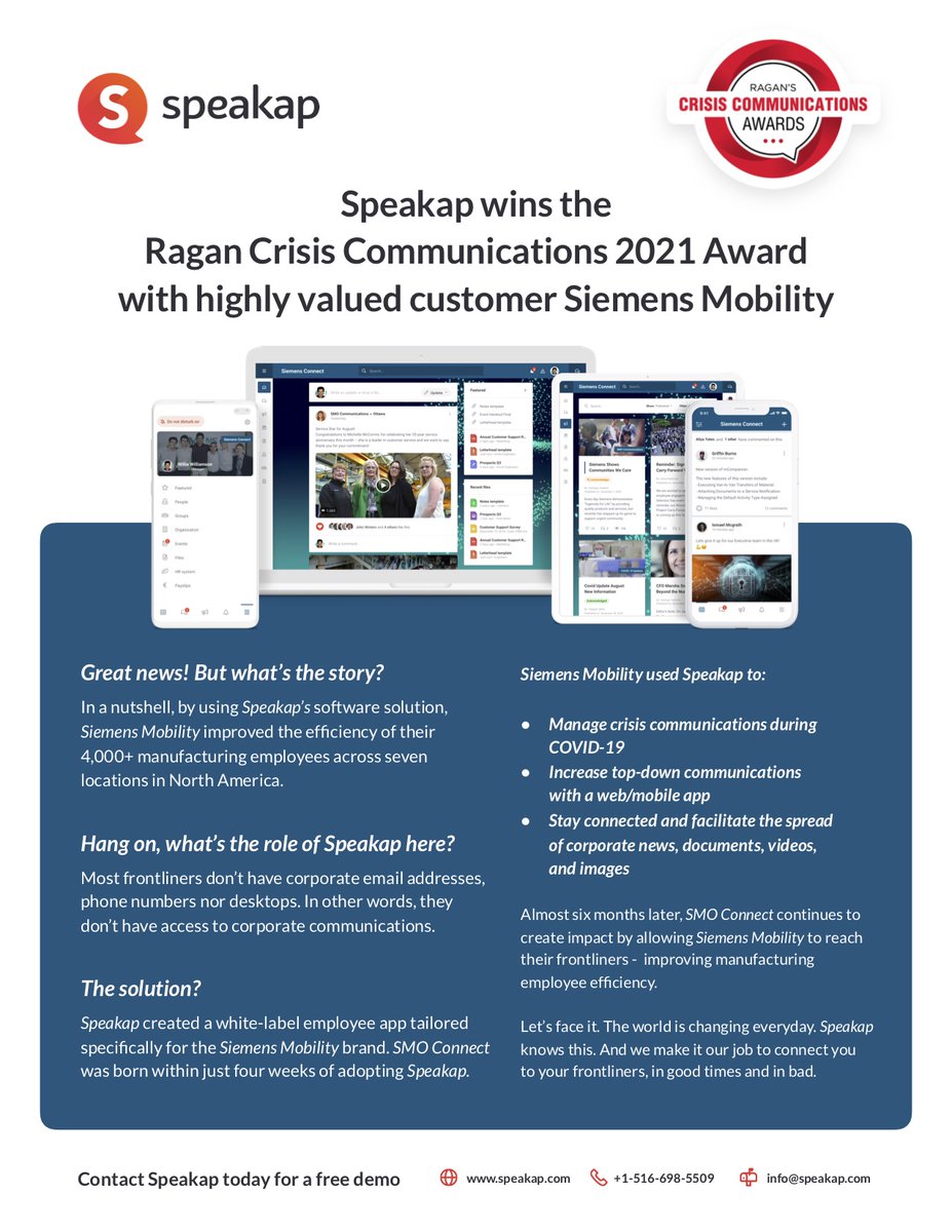 Most #frontliners don’t have corporate email addresses, phone numbers nor desktops...except Speakap is changing that. Check out how <a href="/SiemensMobility/">Siemens Mobility</a> used our solution to connect with their employees in times of crisis. 
#EmployeeEngagement #HRsolutions <a href="/RaganComms/">Ragan.com</a>