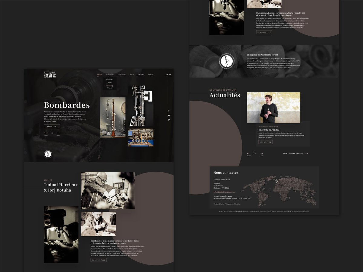 Refonte du site de l’atelier Tudual Hervieux, facteurs de bombardes, binioù, cornemuses écossaises et veuzes.
Webdesign par mes soins et développement WordPress sur-mesure par <a href="/BriceCapobianco/">Brice Capobianco</a> ! On s’est bien amusés !

clementdroff.fr/portfolio/atel…