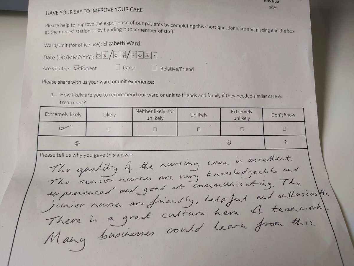 Outstanding patient feedback reflects the teams' hardwork. Well done Cardiology nurses keep thriving with excellent work. @WhippsCrossHosp @Debashi72070733 @Ushina10 @mcspud_pitt @ElliottsThe