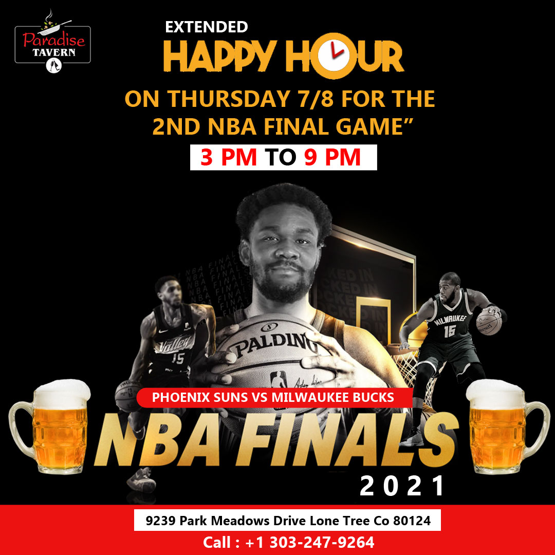 “Extended Happy Hour on Thursday 7/8 for the 2nd NBA Final game”
⚽𝑷𝒉𝒐𝒆𝒏𝒊𝒙 𝑺𝒖𝒏𝒔 𝒗𝒔 𝑴𝒊𝒍𝒘𝒂𝒖𝒌𝒆𝒆 𝑩𝒖𝒄𝒌𝒔⚽
🕒3 PM to 9 PM

#SportsBar, #Happyhour, #Drinks, #Cocktails, #Shots, #Beer, #Tap, #DraftBeer, #CraftBeer, #Appetizers, #IndianBeer