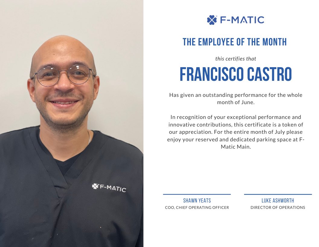 🥇✨ This JULY we have FRANCISCO CASTRO as an employee of the month! He has been outstanding throughout the month of June. Thanks for your hard work and for being a part of the F-Matic team. ✨
#ourpeople #ourteam

#fmatic #team #employeeofthemonth #fmaticfamily