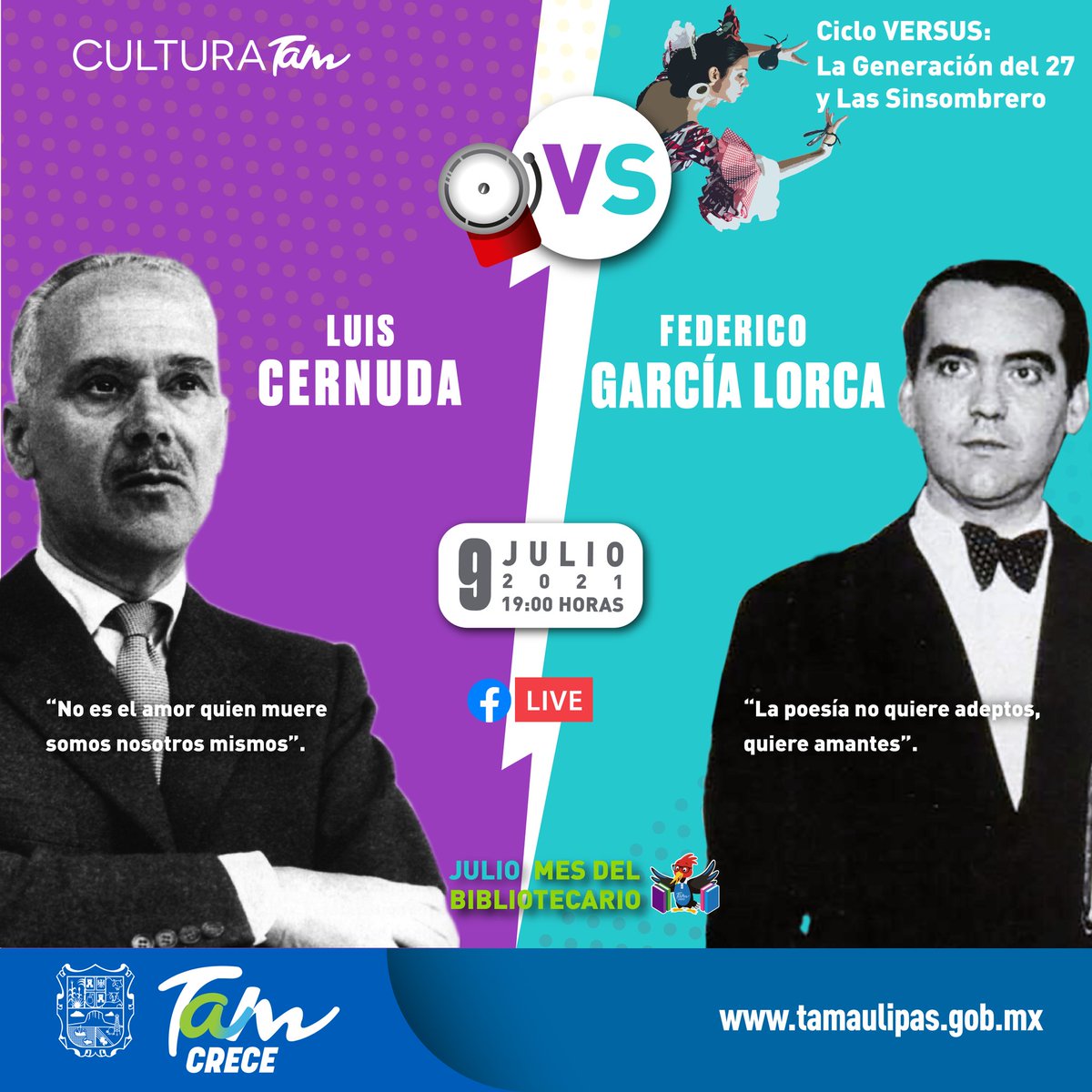 ¡Lector! ¿Eres fanático de la Generación del 27? 📚🤔

Descubre la vida y obra de grandes poetas con el Ciclo Versus como parte del #MesDelBibliotecario, con la participación de Alejandra Ayala, Dulce Salas, José Antonio Cruz, Guillermo Partida y Martín López. 

¡Espéralo! 💻