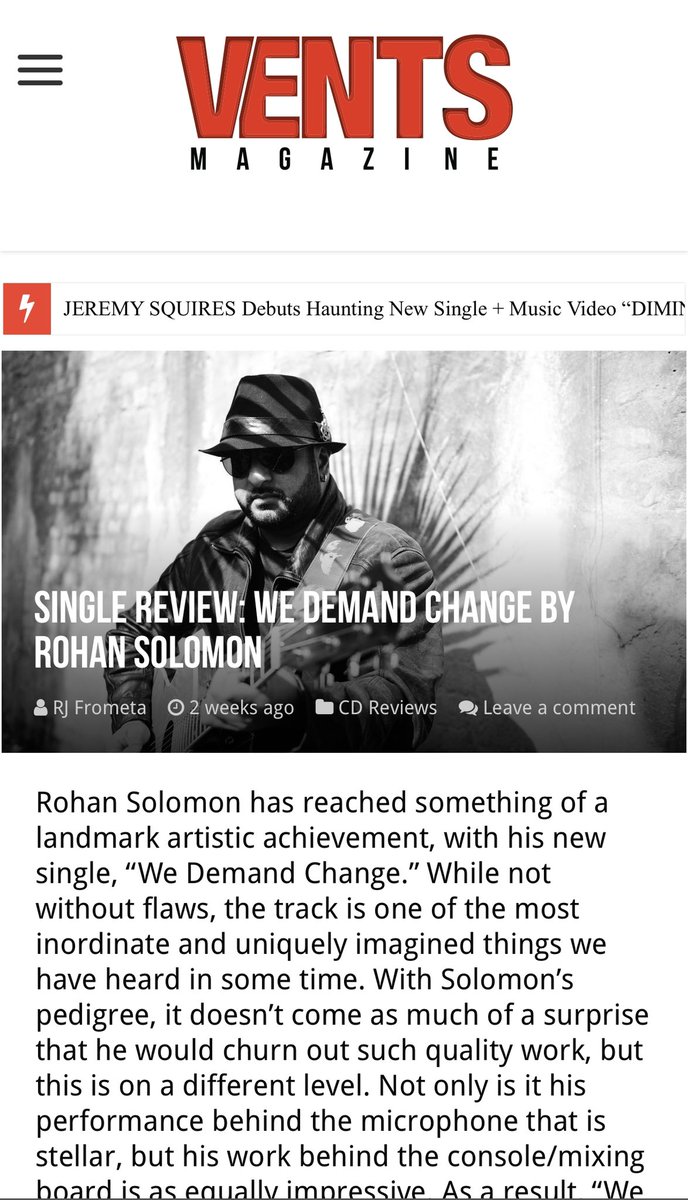 Thank You Vents Magazine for this wonderful review. Please check my story for a Swipe Up to read the full review. 

#rohansolomon #ventsmagazine #featurearticle #songreview #press #music #artist #indieartist #singer #singersongwriter #songwriter #musicproducer #audioengineer