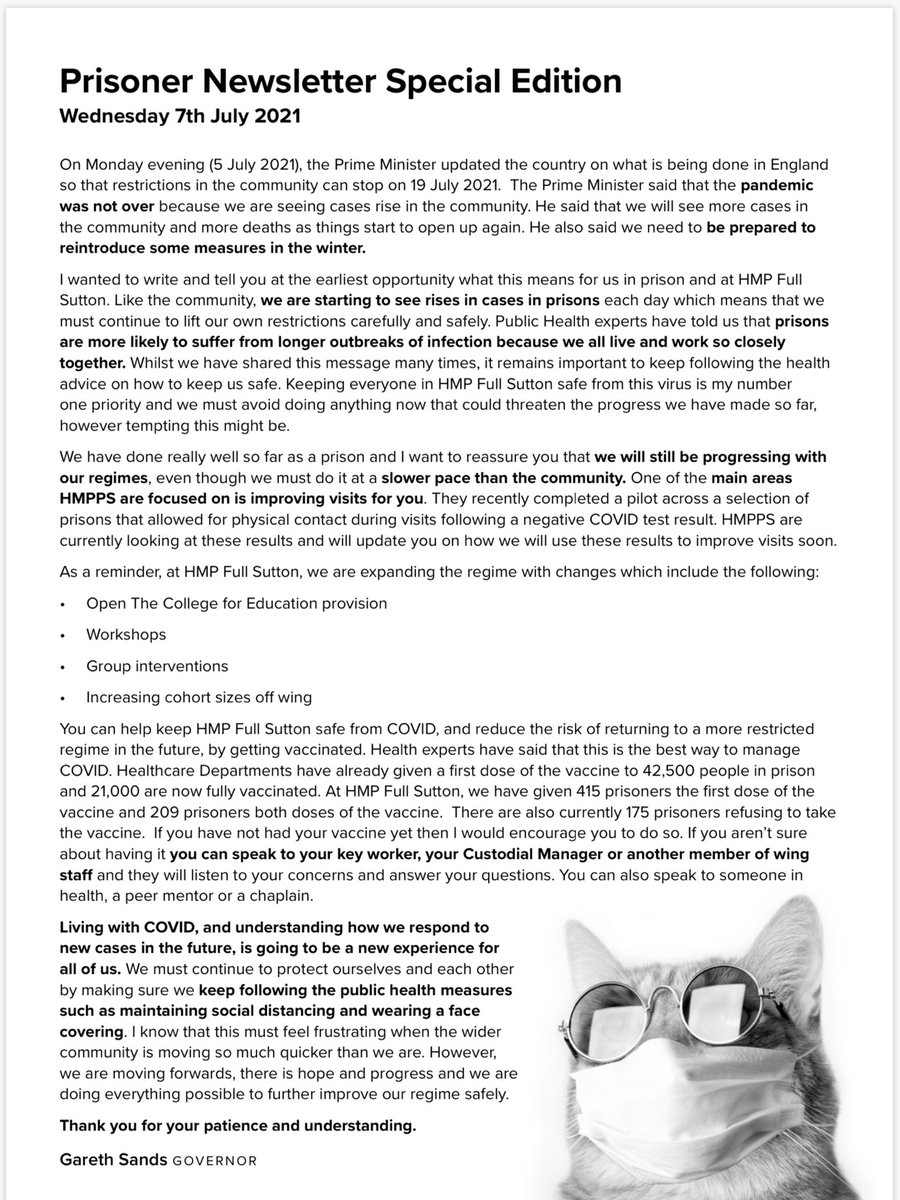A copy of our newsletter special edition which was issued to all prisoners this week following the Prime Ministers update and guidance received from <a href="/hmpps/">HMPPS</a>