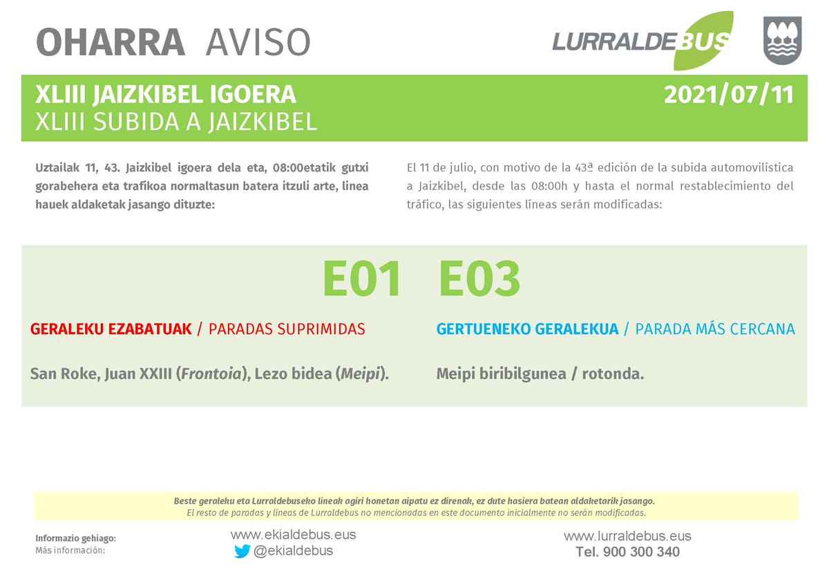 Lurraldebus's tweet image. 📅11 de Julio

#Pasai-Donibane #SbJaizkibel 🏎️

XLIII Subida a Jaizkibel

⏰ desde las 08:00h aprox

🚍E01 E03

❌PARADAS SUPRIMIDAS
San Roke, Juan XXIII (Frontoia), Lezo bidea (Meipi).

🚏PARADAS CERCANAS
Meipi Rotonda

☎️900 300 340