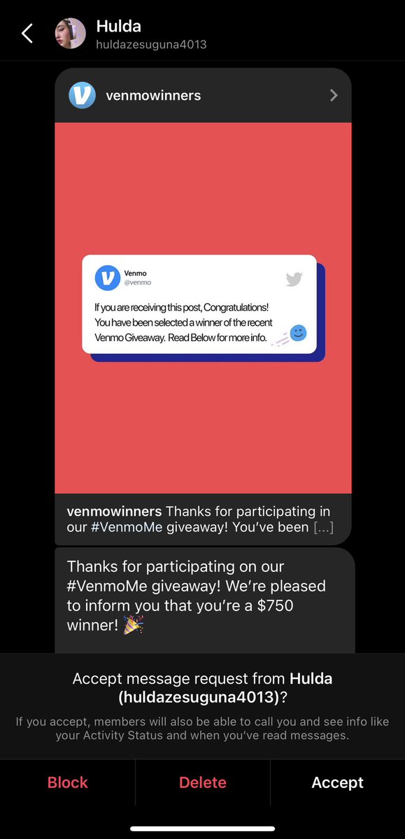 HooverAllie's tweet photo. @Venmo @VenmoSupport  I am assuming this specific message is a scam?! My heart was pounding with excitement for a hot minute! https://t.co/VMlt6VF5MP