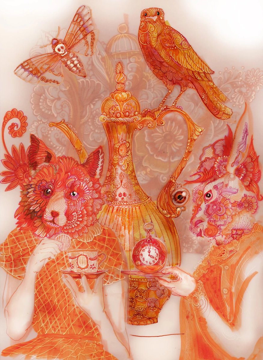 refreshartaward's tweet photo. Amazing piece this afternoon by @SophieJonasHill from our online gallery! Sophie works across a range of eclectic media but you can buy prints of this one and we’re all tempted here! Tea with Fox and Hare is a gorgeous hand-drawn mixed media piece #authorillustrators #inkdrawing https://t.co/9upC6LdSbr