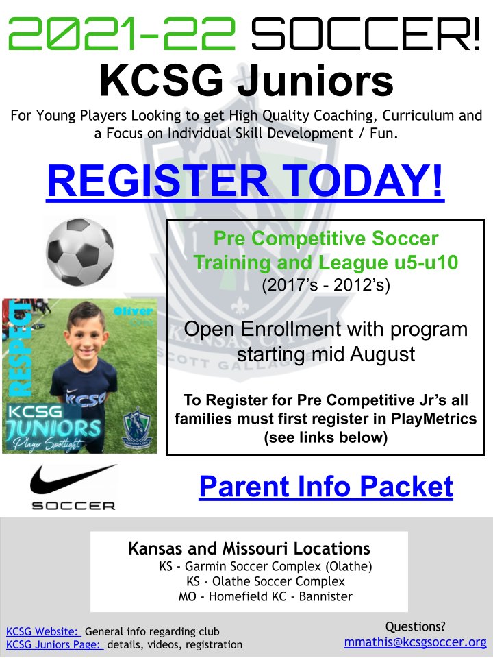 Ready to get your youngster in KCSGJuniors?  A great program for training/league or can compliment your existing recreational play.