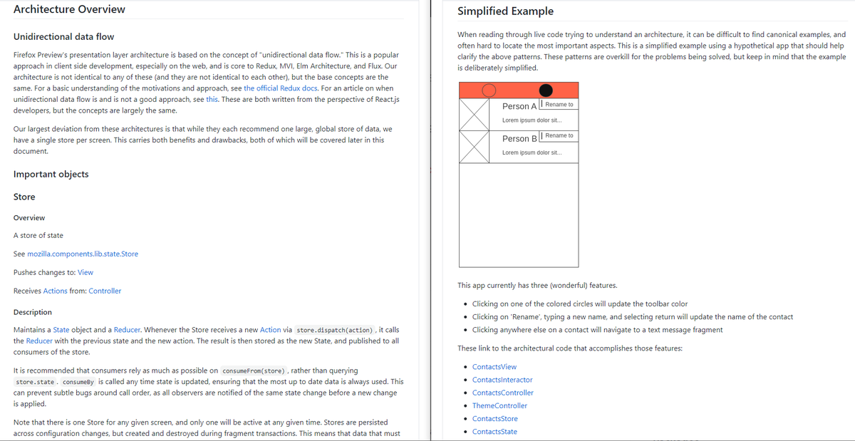 androiddevnotes's tweet photo. Architecture Overview of Firefox for Android.
(https://t.co/t8XXy0YFNW)

Firefox Preview's presentation layer architecture is based on the concept of "unidirectional data flow." 

Important objects: Store, Action, State, Reducer, Interactor, Controller, View

#AndroidDev https://t.co/6JyO4ETfXM