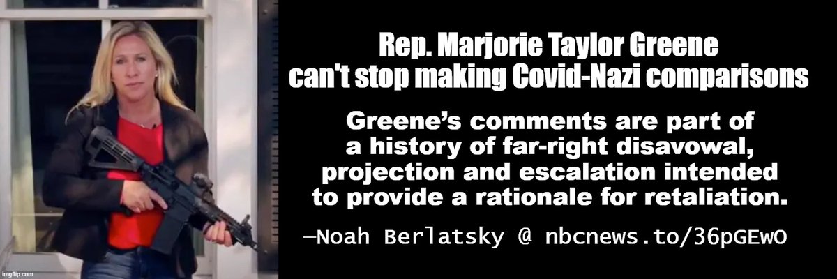Rep. Marjorie Taylor Greene can't stop making Covid-Nazi comparisons, writes @nberlat.

Greene’s comments are part of a history of far-right disavowal, projection and escalation intended to provide a rationale for retaliation.

https://nbcnews.com/think/opinion/rep-marjorie-taylor-greene-can-t-stop-making-covid-nazi-ncna1273312