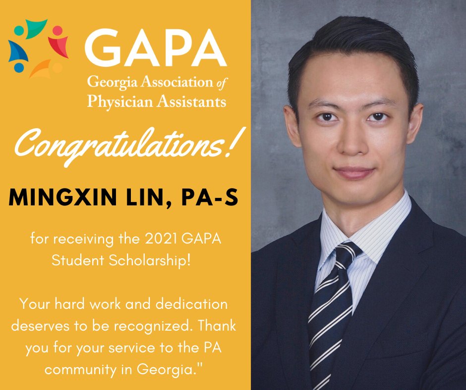 gapa1975's tweet photo. Congratulations to Mingxin Lin, PA-S from Emory University on receiving the 2021 GAPA Student Scholarship. Your hard work and dedication deserves to be recognized. Thank you for your service to the PA community in Georgia.
#gapa https://t.co/XOMFZC40l3