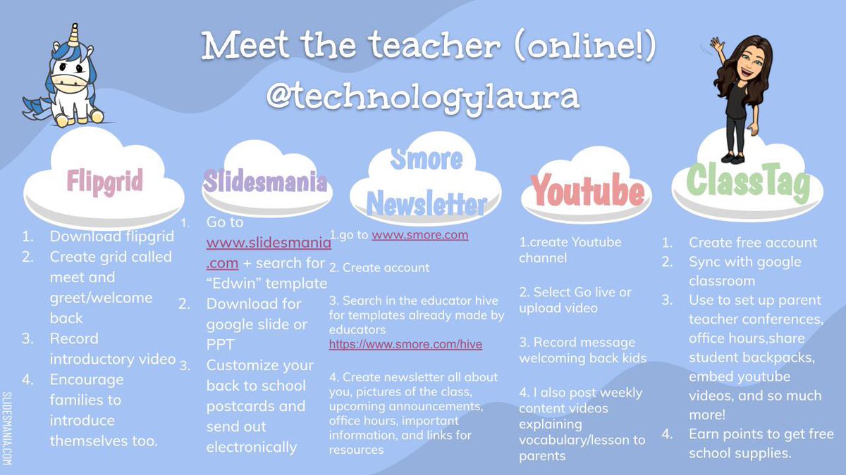 technologylaura's tweet photo. Meet the teacher!
I use these #edtech tools to introduce myself to families & keep them updated all year long!
π¦@flipgrid
π¦@SlidesManiaSM
π¦@SmoreNewsletter
π¦@YouTube
π¦@classtag https://t.co/o0c2XsyoC9