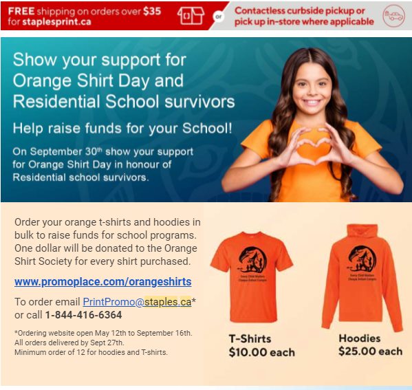 shashamcarthur's tweet photo. .@StaplesCanada I don't know which marketing team thought it would be a great idea to cash in on the deaths of #215children but they need to be fired. Any money generated from orange shirt day should go to #orangeshirtday or the IRSS. #canadasgenocide #staples #nativetwitter https://t.co/fK6y4avRNs