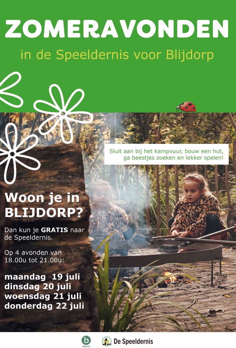 Kom het begin van de zomervakantie bij ons vieren op 4 zomeravonden (gratis als je in #blijdorp woont! #kampvuur #huttenbouwen #beestjeszoeken