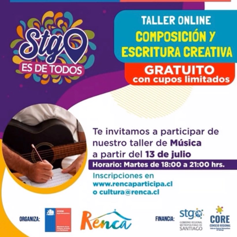 ¿Te gustaría aprender a escribir una canción? ¡Entonces este taller es perfecto para ti! Inscríbete en este taller de composición y escritura creativa, y deja volar tu imaginación. Inscríbete en rencaparticipa.cl #EnRencaSomosCultura <a href="/Muni_Renca/">Municipalidad Renca</a> <a href="/cn_castro/">Claudio Castro Salas</a>