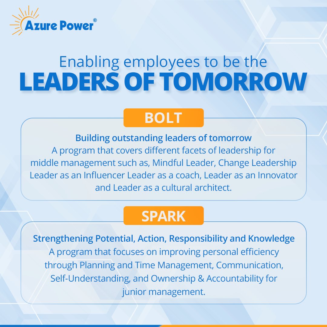 AzurePowerSolar's tweet photo. We recently organized BOLT and SPARK learning and development programs for our employees. It covered 70% of employees and highlighted their strengths and area of development to help them improve themselves.

#EmployeeProgram #BoltAndSparkProgram #LeadersOfTomorrow https://t.co/kuWjXTxdxn