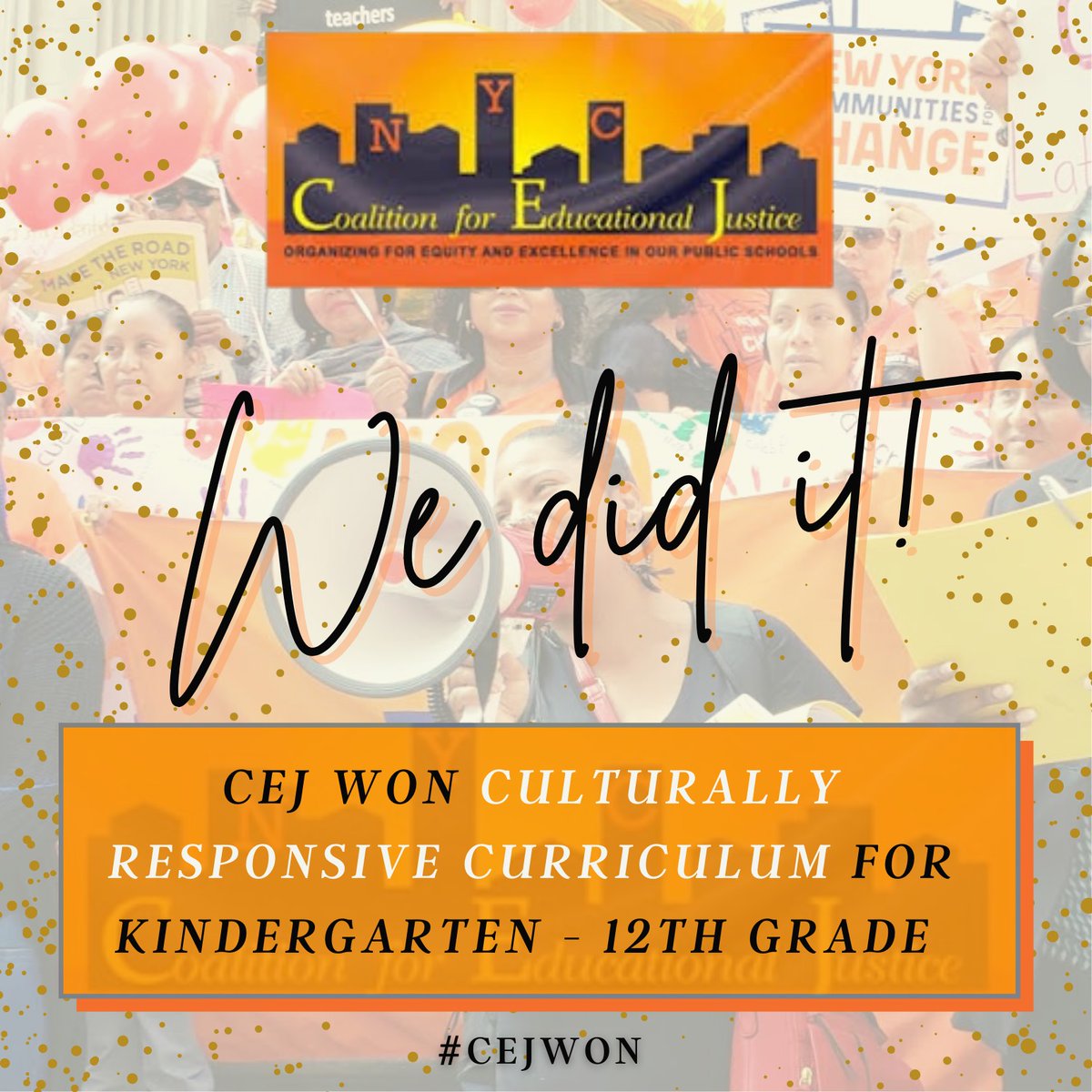 nyu_ejroc's tweet image. We are overjoyed to announce that @NYCSchools students will finally have culturally responsive sustaining education (CRSE). After 5 years of tireless organizing, @cejnyc got @DOEChancellor to invest $500 million to create CRSE curriculum for K-12 students. #CEJWon! #CRESustainsMe