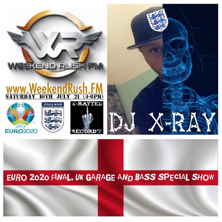 Catch @DJXRAY77 live on radio this coming Saturday with a special Euro 2020 show sponsored by us 📻
#ComeOnEngland #ItsComingHome 🏴󠁧󠁢󠁥󠁮󠁧󠁿⚽️🎵 #djxray #xray #xrayted #weekendrushfm #weekendrush #radio #ukgarage #ukg #garage #ukbass #bass #englandfc #england #euro2020 #football #soccer