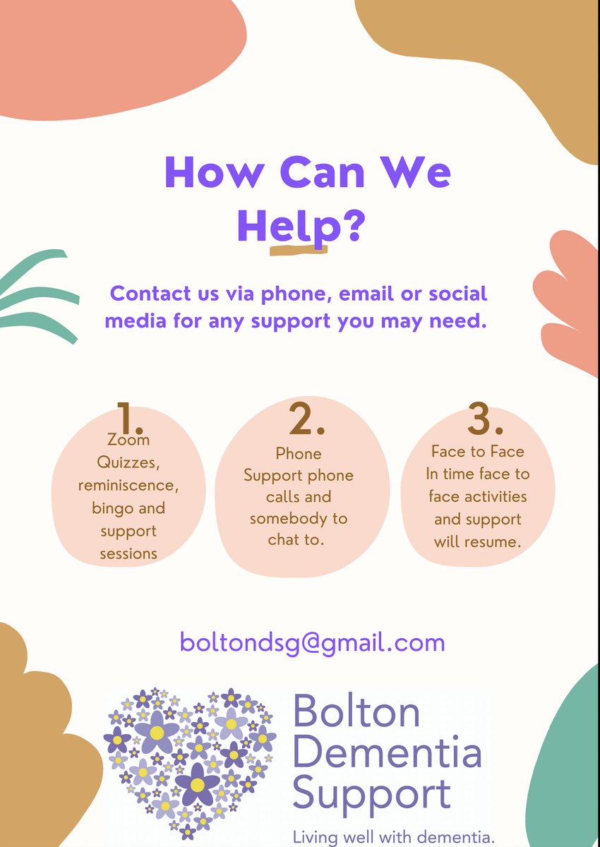 Did you know here at Bolton Dementia Support we can support you in more ways than one?
We can signpost you to any relevant external services you may need, call you with support phone calls and engage with you via our zoom activities. 
If you need anything please contact us.💜