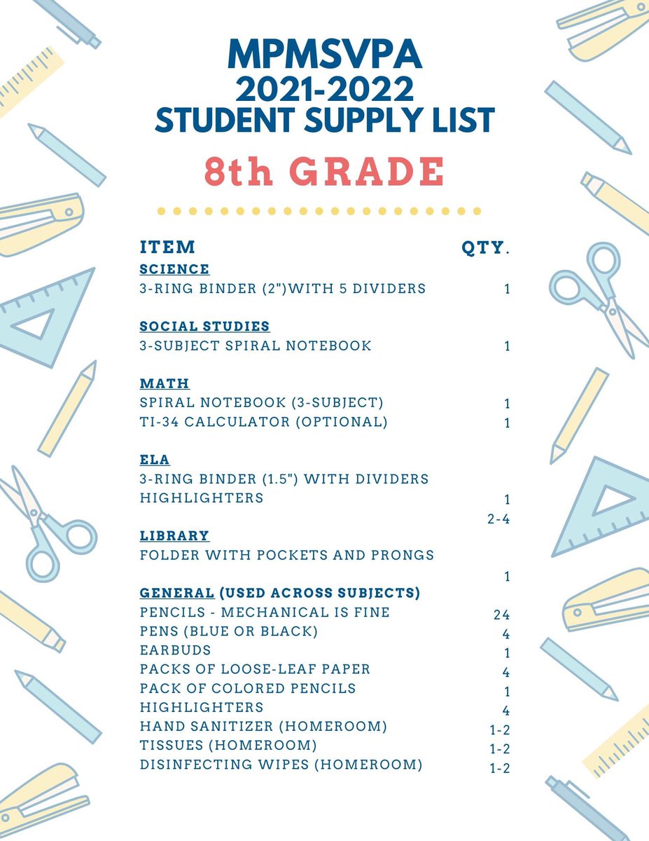 Tigers, the supply lists below are the MOST CURRENT. Please use these lists as you plan your school supply shopping 🙂