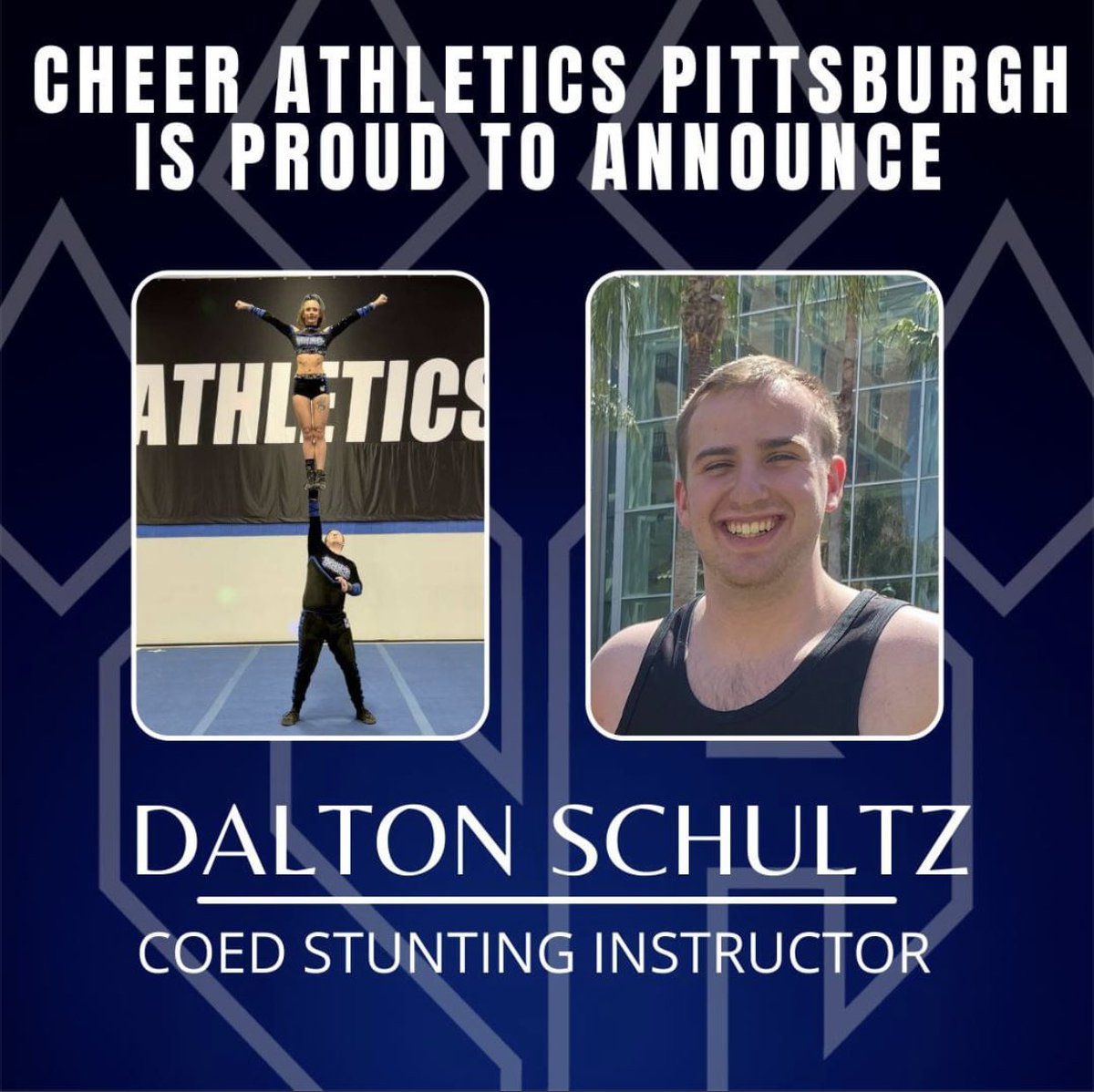 Cheer Athletics Pittsburgh is excited to announce the addition of Dalton Schultz to our amazing staff! 

Dalton will be offering Coed Stunting lessons. if you would like to get on his stunt lesson schedule please contact him at 814.221.4788.