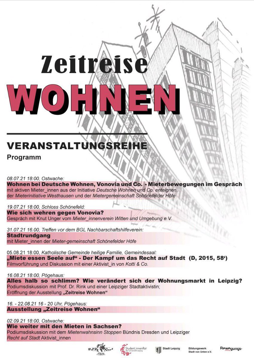 Zeitreise Wohnen: wir laden herzlich ein mit uns und vielen anderen Mieteninitiativen über Vonovia und Co. und über die Mieten in Leipzig und in Sachsen zu diskutieren!Außerdem gibt es einem Rundgang in Schönefeld und eine Ausstellung! Wir freuen uns auf euch!! #Mietenwahnsinn