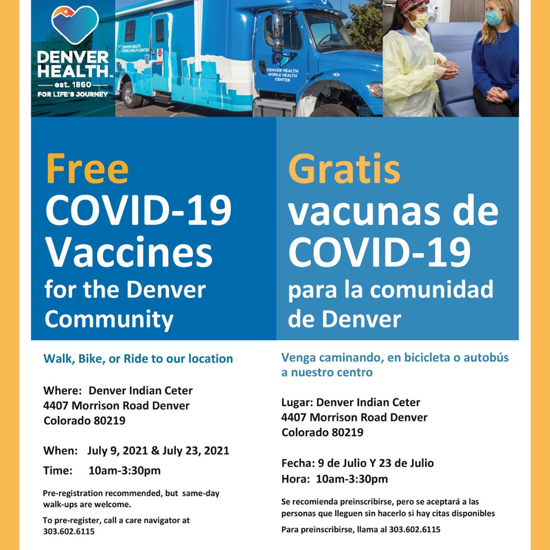 center_denver's tweet photo. Free COVID-19 Vaccines for the Denver Community! See flyer for information! https://t.co/ZMiVTFTx4a