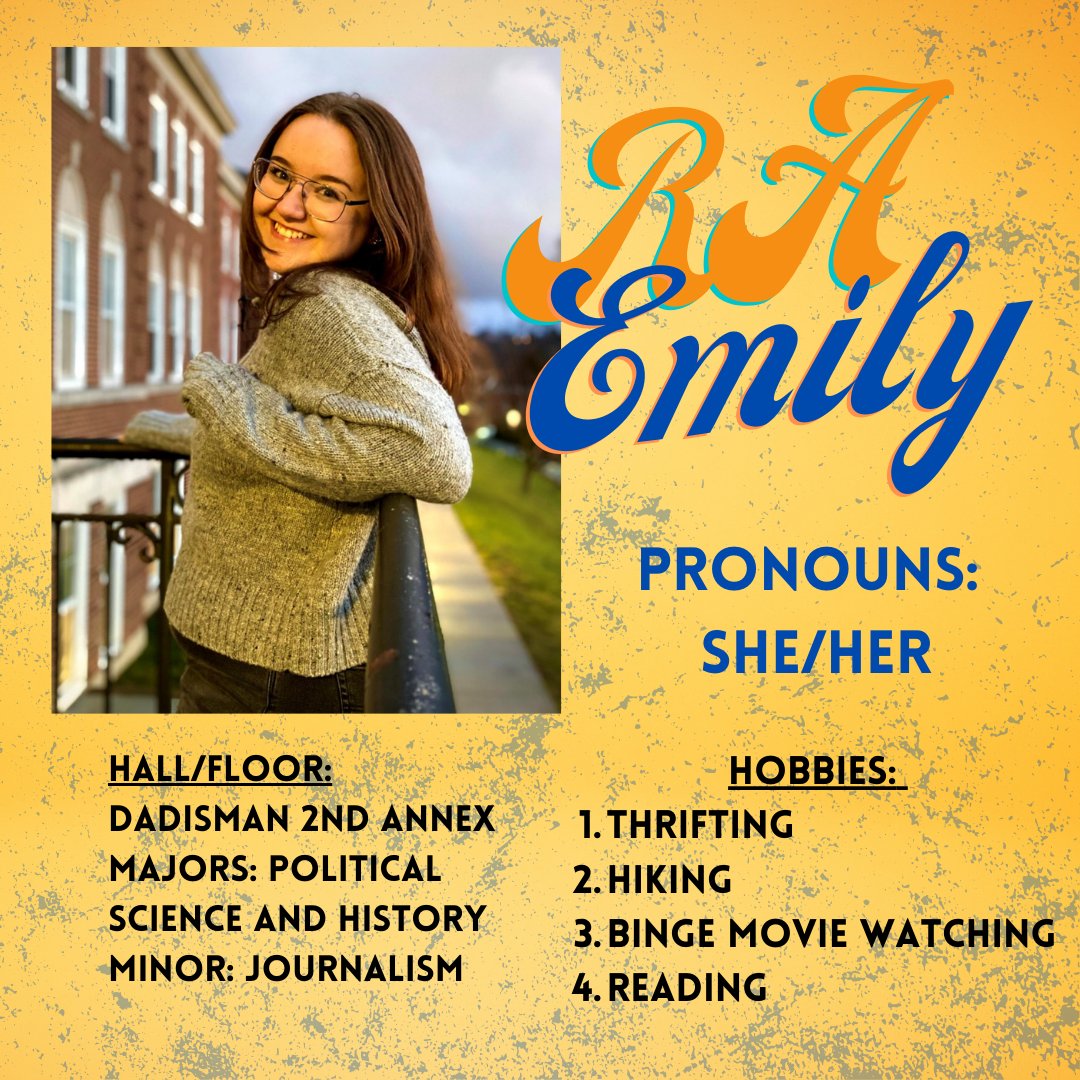 Last up for the day is RA Emily Rexroad! Emily is new as an RA, but not new to the Dad/Stal community! She's a huge advocate for <a href="/WVURHA/">WVURHA</a> so hit her up if you're interested in making a difference in our community! She'll be in Dadisman 2nd annex, so rooms 1-9!