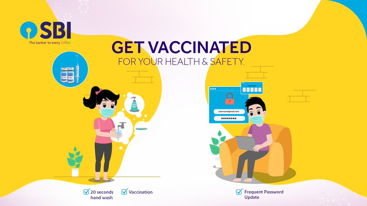 TheOfficialSBI's tweet image. Frequent change of password for your online accounts acts like a vaccine for viruses. 
Stay safe against frauds &amp;amp; cyber crimes with an alert mind &amp;amp; appropriate precautions.

Know more: mohfw.gov.in
#SBIAapkeSaath #StayStrongIndia #LargestVaccineDrive #Unite2FightCorona