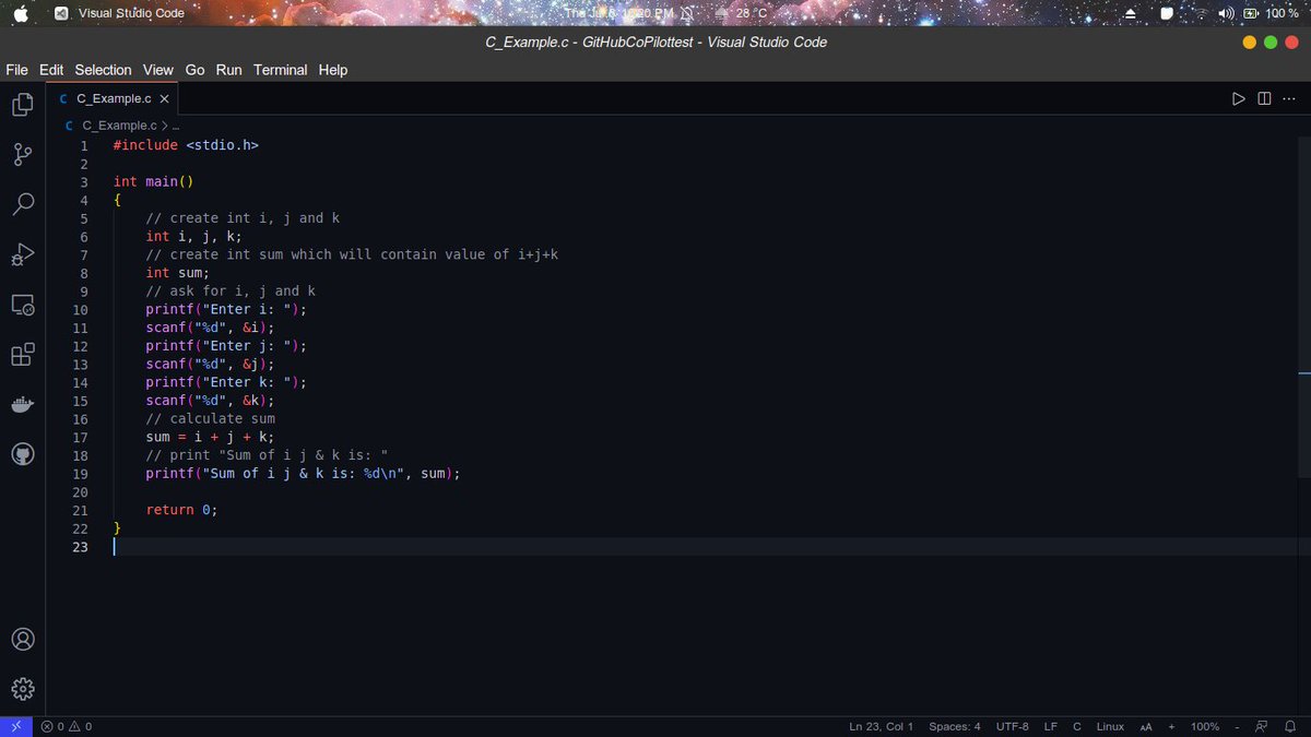 SubhanRaj2002's tweet image. I got as @github #codepilot preview.
So I directly went to the language of gods #C and the results are mind-blowing. People at @OpenAI and other contributors have done a lot of hard work. Testing more languages and thinking to make some PRs.
@elonmusk @opensource_orgs @imthepk